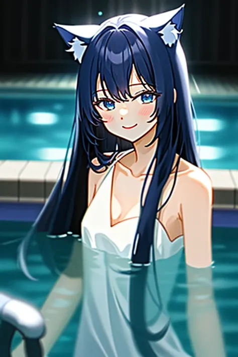 1girl/ Smile/ collarbone/ cat ear/ Black long hair/ Night pool, indoor/ take a dip in the water/ White sleeveless dress/ Bokeh/ Blurred Backgrounds/ depth of field/ Aerial perspective/ Blue eye’s/ (upper body:1.2)/ looking at viewer/