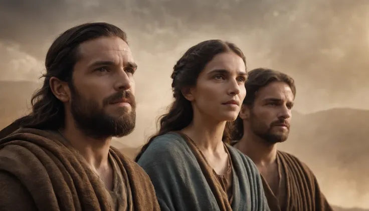 three biblical characters, two men and one woman, film cover style (old testament, cinematic image, front angle, best quality, 8K)