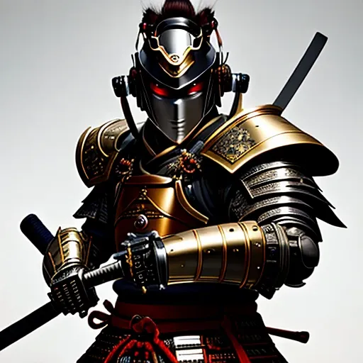 arafed image of a cyborg in traditional samurai armor holding two swords, concept art by kanō tan'yū, featured on zbrush central...