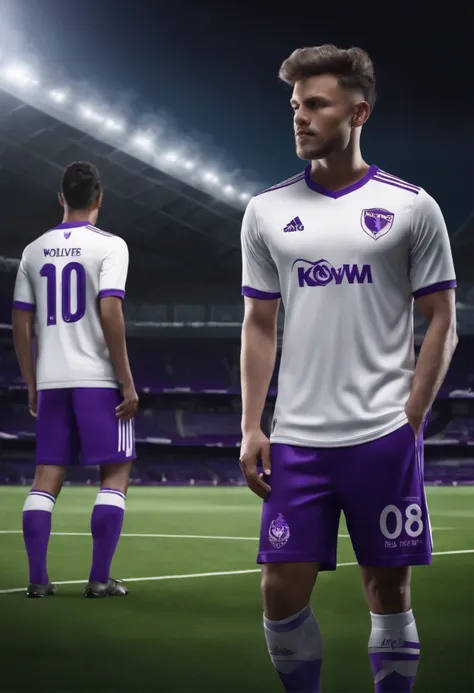 Make football or soccer jersey with colour purple and white and with logo of a wolve and the KWOLVES written on the of the shirt and the sides of the shorts