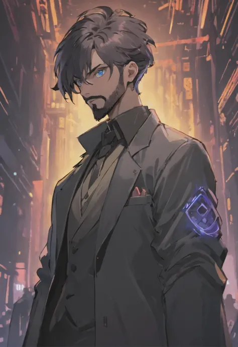 (Cyberpunk man in stylish clothes), (with a long, full beard,) (blue eyes) (portrait) Handsome and serious appearance, dark blue hair, Stylish and elegant, and strong body t-shirt, (Realistic and high quality), ((Best quality, 8k, master piece).