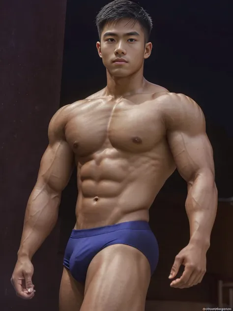 full body shot,wide shot,sports shoes,1boy,asian male, a young handsome muscular boy, bodybuilder, 19 years old, teenager face, virile, wearing sexy dark colored jockstraps, massive bulge, visible bulge line, chiseled face, puffy chest, (puffy dark nipples...