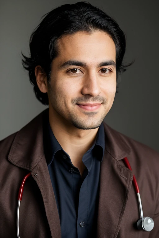 Foto RAW em sequencia, a photo of a young doctor, no seus trinta anomes, cabelos pretos com algumas rundas caaindo, pele clara, vestindo uma jaqueta de doctors com manchas de sangue, sorrindo mischievosamente e olhando para fora, realista, hiper-realista, ...