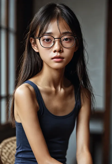 modern chinese portrait of a 12-year-old girl wearing glasses，sweating，very thin，long hair，clavicle，浮肿s eyes，wet underwear，whole...