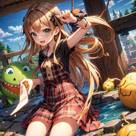 reddish-brown blonde、green eyes、one good looking girl、solo、anime、plaid mini skirt、the skirt has buttons、camisole、black t-shirt、dress、wearing a ribbon、ribbon at waist、cloak、hood、clouds are swirling、stone slabs are piled up、one hand raised、crystal earrings、s...