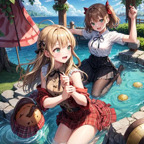 reddish-brown blonde、green eyes、one good looking girl、solo、anime、plaid mini skirt、the skirt has buttons、camisole、black t-shirt、dress、wearing a ribbon、ribbon at waist、cloak、hood、clouds are swirling、stone slabs are piled up、one hand raised、crystal earrings、s...