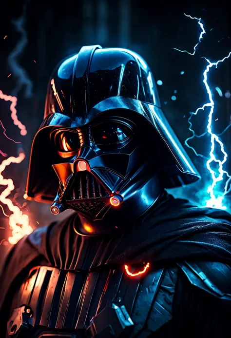 glowneon, glowing storm trooperdarth vader emitting sparks and electricity, glowing eyes, cinematic film still, (best quality, masterpiece, representative work, official art, professional, Super complex and detailed, 8k:1.3)