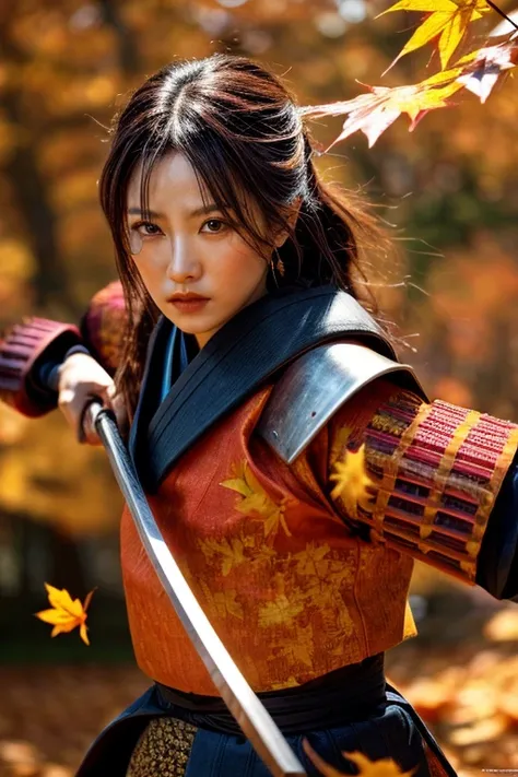 ultra-detailed samurai in traditional armor, fierce expression, powerful stance, katana in hand, Autumn Leaves Background
, vibrant colors, dynamic lighting,More Detail,