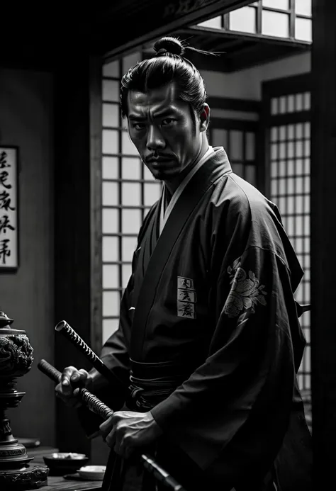 1950s film, arcane samurai. Captured on a 35mm camera, black and white, classic film noir film, (best quality, masterpiece, Representative work, official art, Professional, Ultra intricate detailed, 8k:1.3)