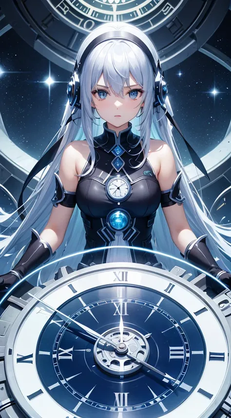 masterpiece,1 girl,light blue long hair,blue eyes,white dress,((big clock)),((big gear)) Lots of gears,administrator of time,image of mirror chronos,high fantasy,anime art wallpaper 4k,(high contrast),mysterious atmosphere,mysterious light