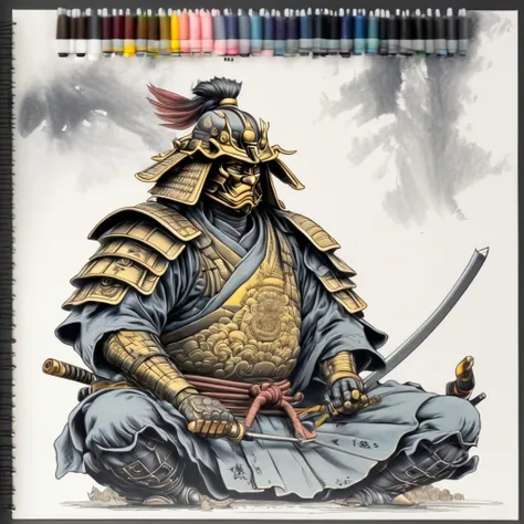 high resolution, high quality, masterpiece. ink sketch in the yamato-e style, the samurai is sitting, logo "yamato" .  32k resol...