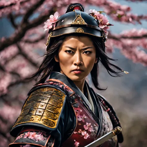 a samurai woman,traditional Japanese woman warrior, armor,sword,fierce expression,intense eyes,stoic demeanor,serene background,detailed body armor,ornamental helmet,sharp katana,dramatic pose,expert swordsmanship,ancient Japanese landscape,falling cherry ...