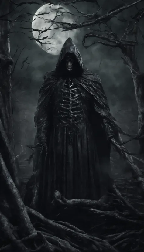 (best quality,4k,8k,highres,masterpiece:1.2),ultra-detailed,realistic,photorealistic:1.37,sinister figure,dark and ominous,ominous atmosphere,eerie lighting,spectral eyes,hooded cloak,sharp and detailed scythe,gloomy graveyard,haunting presence,otherworldl...