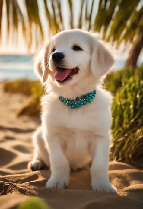 glamorous beauty, beach, laugh, puppy, sunlight