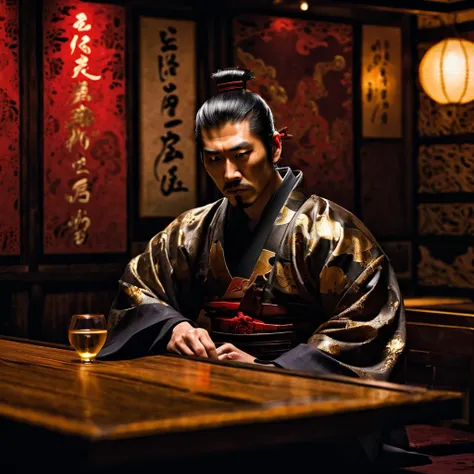 best quality, highres, realistic, detailed male samurai sitting alone in a dimly lit bar, surrounded by numerous women, holding a glass of alcohol, with a sad and drunk expression. The bar is filled with cigarette smoke, creating a hazy atmosphere. The sam...