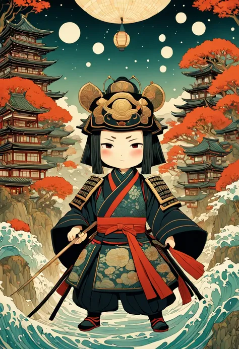 an adorable samurai chibi with traditional Japanese intricate clothes, a highly intricate and hyperdetailed drawing, Greg Rutkowski, Victo Ngai, Sakiyama, cover art, long exposure, cel-shaded, character design, 3d shading, 3DEXCITE, award-winning Epic cine...