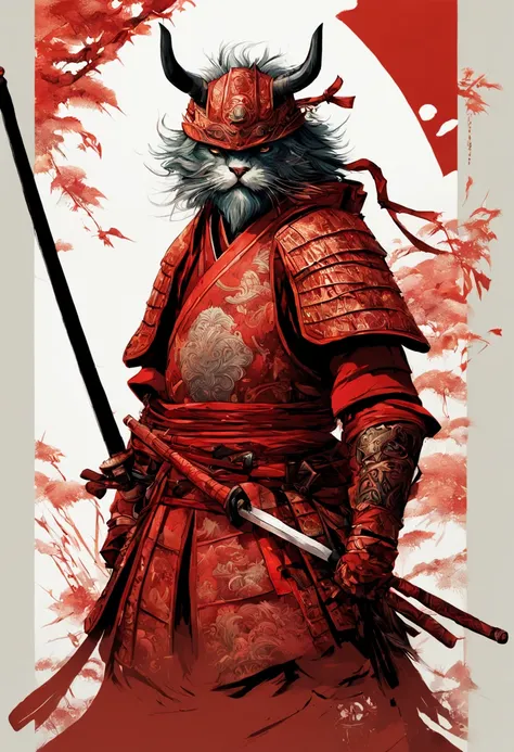 Fluffy Samurai in Red Armor, highly detailed, intricate motifs, organic tracery, perfect composition, digital painting, artstation, concept art, smooth, sharp focus, illustration, Carne Griffiths, pixar, Victo ngai, Jean Baptiste Monge, shiny aura Photogra...