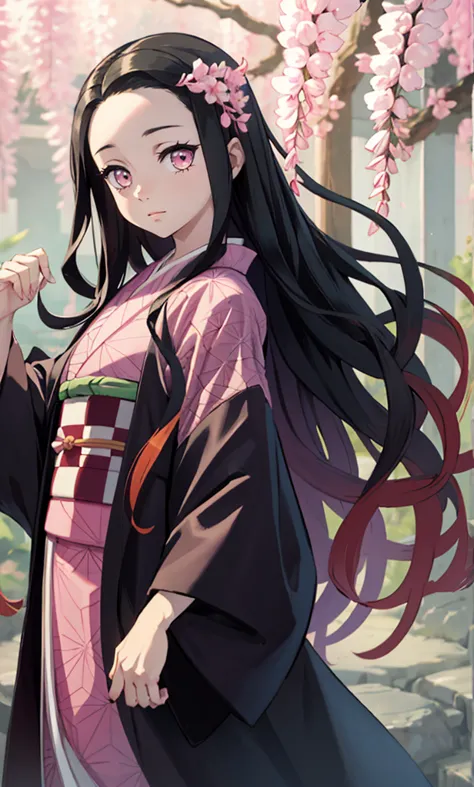 masterpiece, (pink kimono), seductive face, good lighting, low-cut, small details, masterpiece, glowing eyes, 1girl, black hair,...