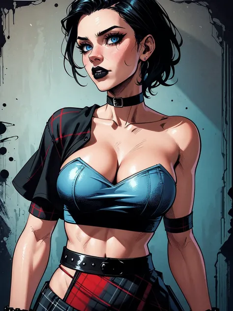 a woman with short black hair, hair on shoulders,  wearing a black cropped  and plaid skirt, blue eyes, zombie art, gothic art, cute aesthetic with vibe, toon aesthetic, wearing red costume, wearing gothic accessories, look like Cassie Hack, upper body, po...