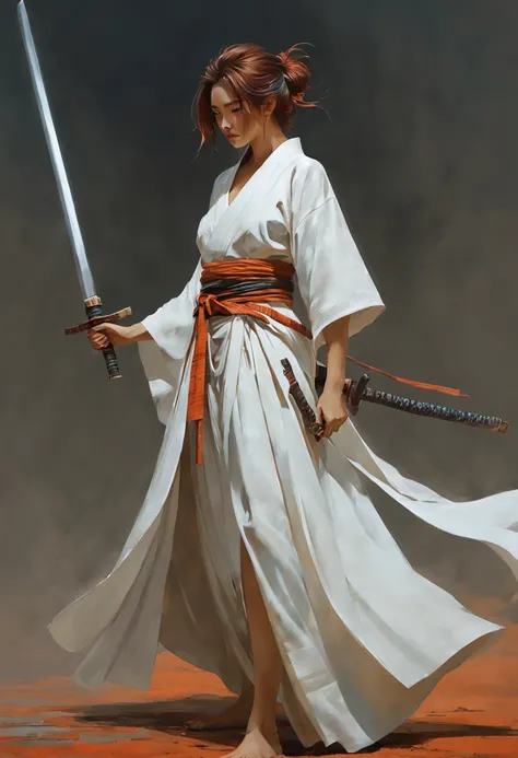 A samurai-style appearance with the head turned away.Picture of woman in white holding sword, beautiful figure painting,concept art, art station, fantasy art, beautiful figure painting, guweiz, rusty digital painting, rusty sakimimichan, flowing white robe...