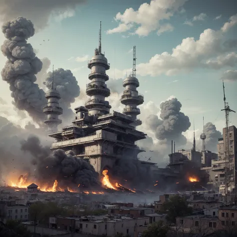 unreal engine:1.4,UHD,Best quality:1.4, fotorrealist:1.4, Masterpiece:1.8, unearthly, artillery three-barrel towers of the fortress of the future, an impregnable citadel covers a military base, massive armored walls, narrow loopholes, massive gate, Science...