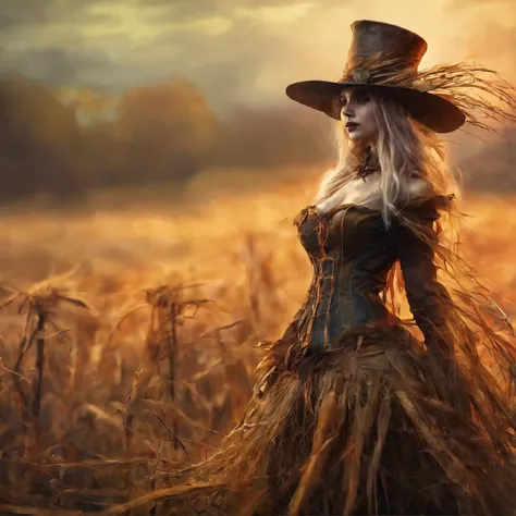 Spooky female scarecrow, made of straw, wearing an old spooky top hat. Arms raised,sexy body