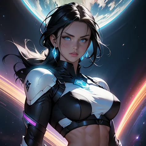 Cinematic Still of a Sexy Superheroine, with black hair and glowing blue eyes, wearing a fitted black outfit, accented by silver shoulder pads and bracelets that reveal her toned abs and midriff. The symbol of Z proudly adorns her chest. This masterpiece, ...