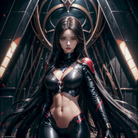 Introducing the enigmatic and alluring Black Widow, a seductive superheroine with jet-black hair cascading down to her waist, framing her mesmerizing blue eyes that hold an air of mystery and intrigue. Her provocative red outfit, skillfully designed with b...