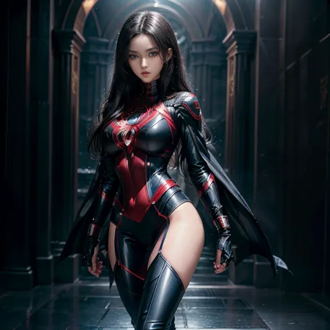 Introducing the enigmatic and alluring Black Widow, a seductive superheroine with jet-black hair cascading down to her waist, framing her mesmerizing blue eyes that hold an air of mystery and intrigue. Her provocative red outfit, skillfully designed with b...