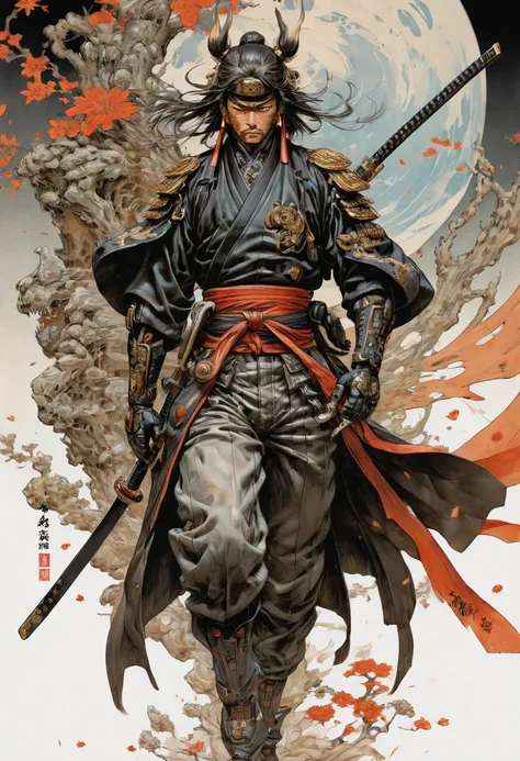 samurai by Masamune Shirow and Takeshi Obata, best quality, masterpiece, Ultra intricate detail, 8k