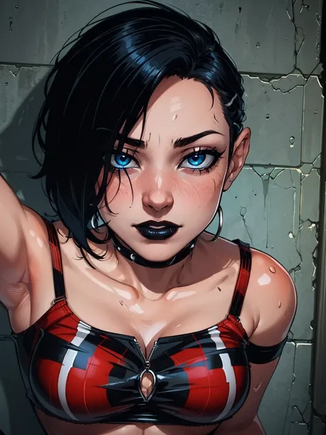 a woman with short black hair, hair on shoulders,  wearing a black cropped  and plaid skirt, blue eyes, zombie art, gothic art, ...