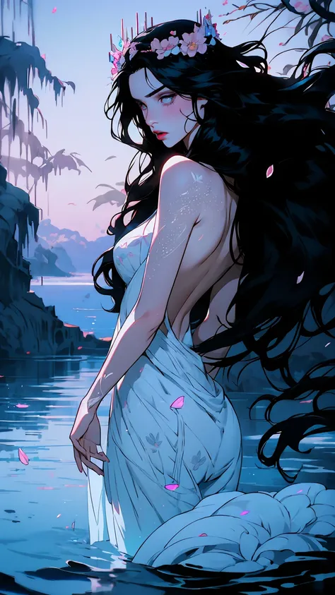 hyper-realistic  of a mysterious woman with flowing black hair, piercing opal eyes, and a delicate floral crown, walking on the water, backwards, looking back, whole  body