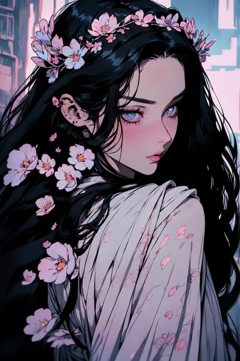 hyper-realistic  of a mysterious woman with flowing black hair, piercing opal eyes, and a delicate floral crown, backwards, looking back, upper body