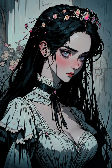 hyper-realistic  of a mysterious woman with flowing black hair, piercing opal eyes, and a delicate floral crown, victorian dress, upper body