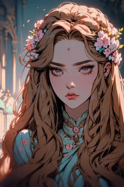 hyper-realistic  of a mysterious woman with flowing brown hair, piercing opal eyes, and a delicate floral crown, , upper body