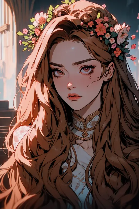 hyper-realistic  of a mysterious woman with flowing brown hair, piercing brownl eyes, and a delicate floral crown, , upper body