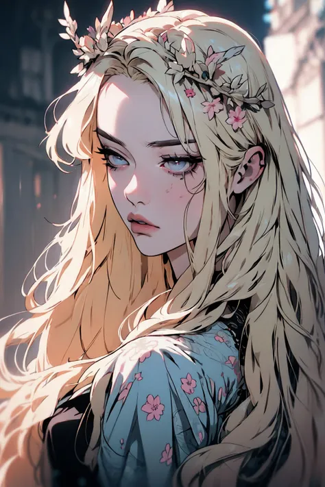 hyper-realistic  of a mysterious woman with flowing blond hair, piercing gray eyes, and a delicate floral crown, backwards, looking back , upper body