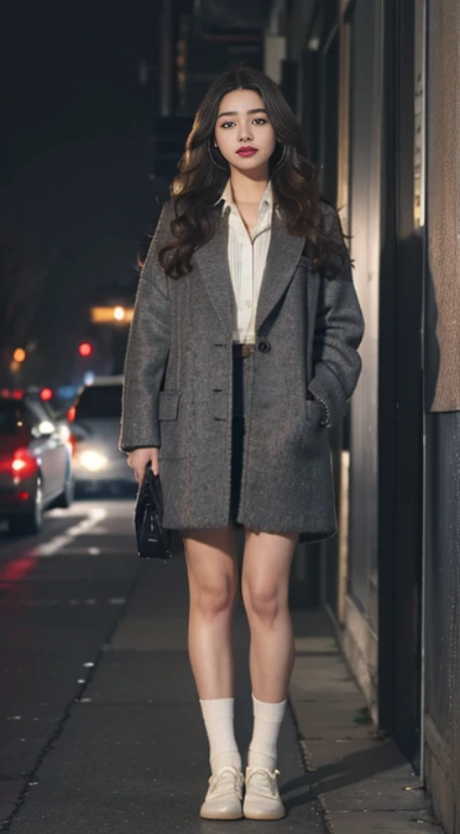 towards the camera，towards the audience，standing on one&#39;s own feet，high resolution，works of masters、long brown curly hair，long hair flowing over shoulders，chanel tweed jacket、exquisite face，moist red lips，socks，expose the calves，towards the camera，1 ph...