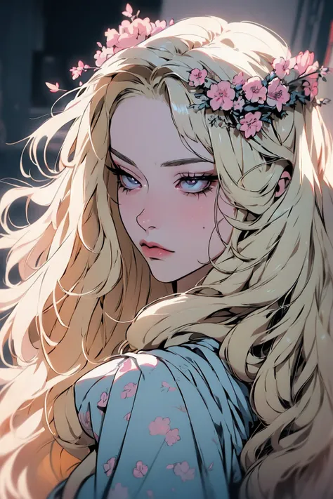 hyper-realistic  of a mysterious woman with flowing blond hair, piercing gray eyes, and a delicate floral crown, backwards, looking back , upper body