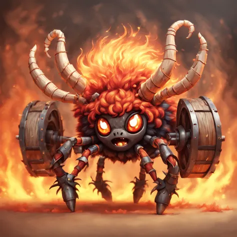 Cute spider covered in a mane of fire fluff with curved horns and wooden wheels on legs with iron armor as it charges like a battering ram in unsettling high quality render art style