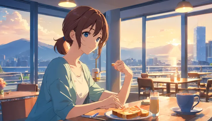 A refreshing afternoon、Large 1K apartment、refreshingな昼、young woman、business casual look、ponytail、dining table、Eating toast、coffee is placed、blue sky、Clear skies、refreshing、sunlight、refreshingなblue sky