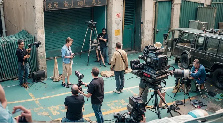 Filming a Hollywood blockbuster movie、Many people involved in filming々、film director、Director Steven Spielberg、Director Christopher Nolan、camera for movie shooting、IMAX camera、Person being acted by the film crew々is photographing、Open cityscape set created ...