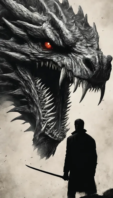 Promotional poster for the HBO original series "House of the Dragon", which is part of the "Game of Thrones" franchise. It features a man standing in front of a large dragon, which fills the background. The dragons scales were highly detailed, and its eyes...