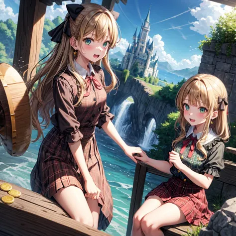 reddish-brown blonde、green eyes、one good looking girl、solo、anime、plaid mini skirt、the skirt has buttons、camisole、black t-shirt、dress、wearing a ribbon、ribbon at waist、cloak、hood、clouds are swirling、stone slabs are piled up、one hand raised、crystal earrings、s...