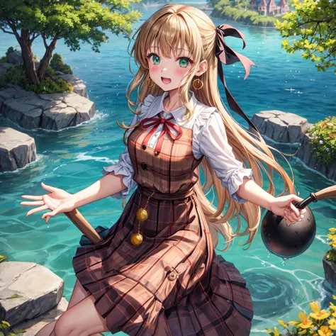 reddish-brown blonde、green eyes、one good looking girl、solo、anime、plaid mini skirt、the skirt has buttons、camisole、black t-shirt、dress、wearing a ribbon、ribbon at waist、cloak、hood、clouds are swirling、stone slabs are piled up、one hand raised、crystal earrings、s...