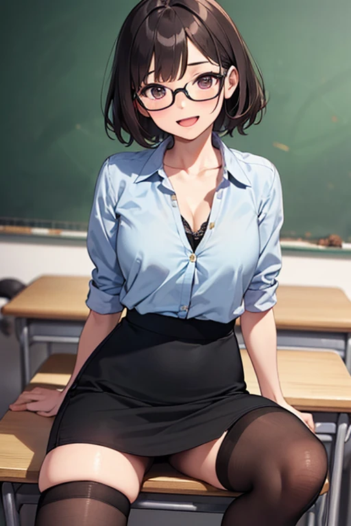 (masterpiece), best quality, expressive eyes, perfect face, 1woman, solo, mature woman, ((female teacher, pencil skirt, mini skirt, stockings:1.6)), glasses, brown hair, short hair, cleavage, thighs, smile, open mouth, ((spread legs)), low view, classroom,