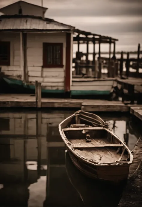 quiet pier，deserted pier，A small dilapidated fishing boat