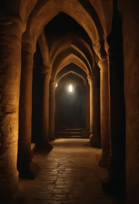 an underground palace，The interior is filled with a mysterious atmosphere，There are ancient murals and stone carvings，dim light，Only the faint torch light illuminates the surroundings。The entrance to the underground palace is hidden in a dense forest，Surro...