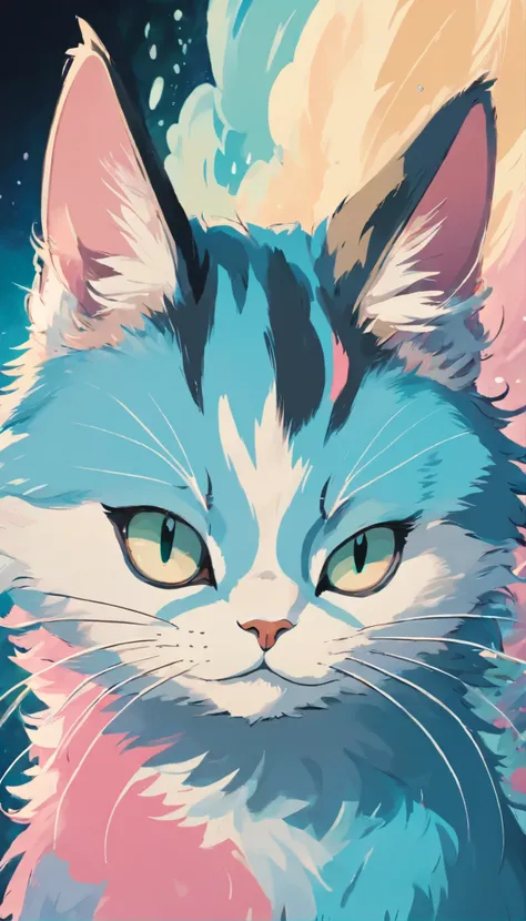 Cat in art, Narrow-eyed grooming、leisure、Main color Black, Secondary color cyan, Pastel pink background, artistic, Sophisticated, Warm style, Shapes include abstract cats, Playful forms, Elegant piece, Textures include fur textures, Smooth paint, Fabric te...