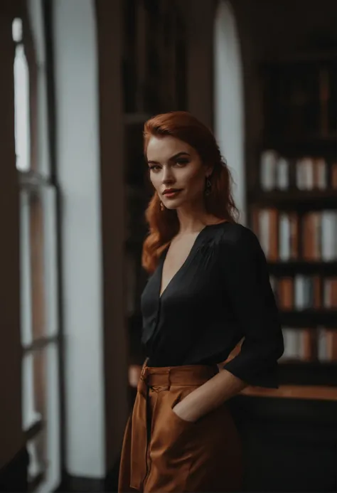 mulher ruiva com roupa  preta estilo arquetipo sabia em biblioteca loja  de livros foto estilo aesthetic pin fotografia profssional